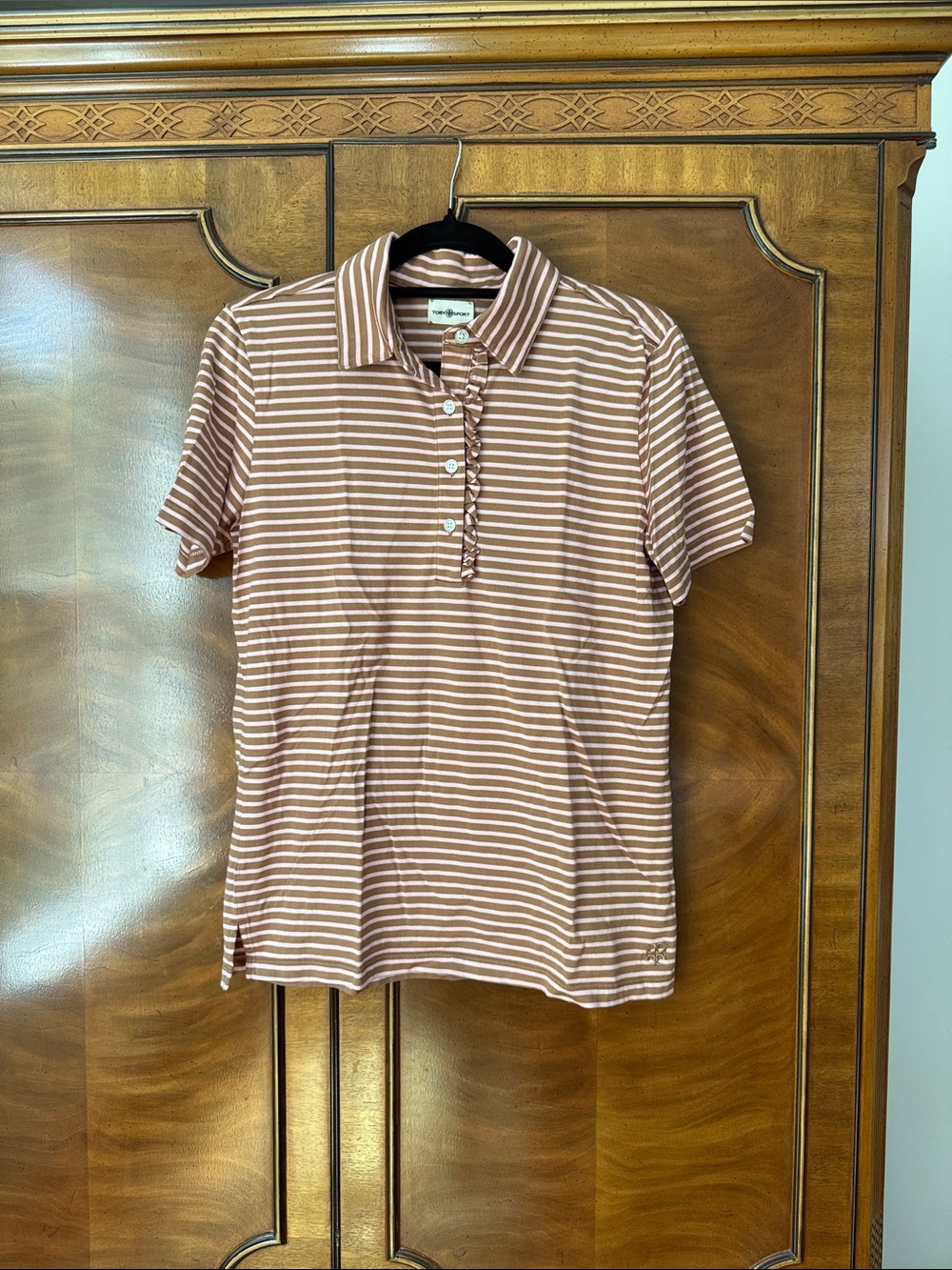 Tory Burch/Tory Sport Size Medium Striped Ruffled Polo Pink/Clay